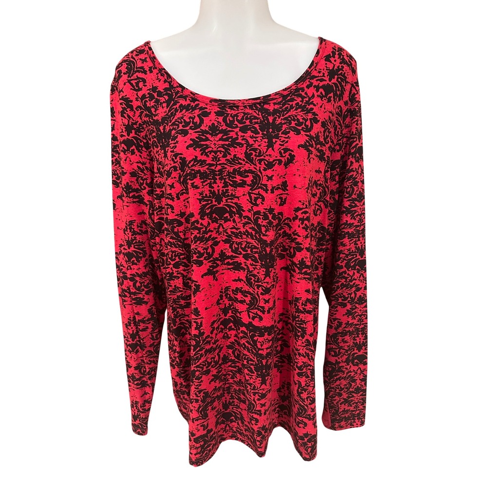 Peruvian Connection Scroll Print Tunic Top XL Red Black Long Sleeve Boho Goth